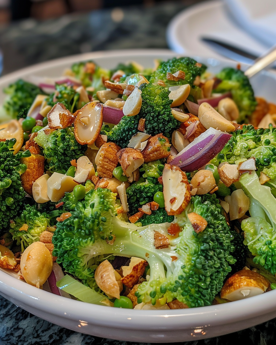 Serving bowl of classic broccoli salad showing final fresh vibrant salad