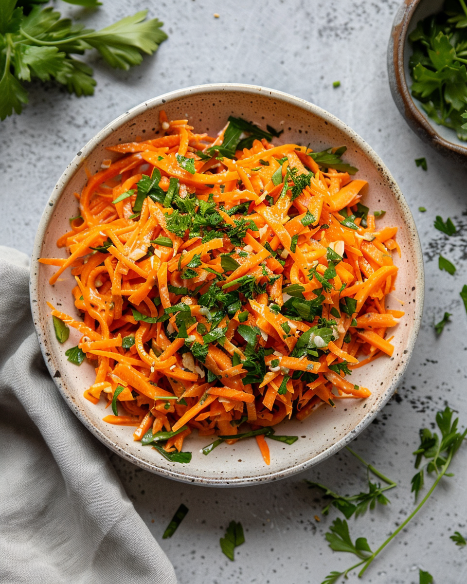 Final carrot salad served in bowl garnished with parsley