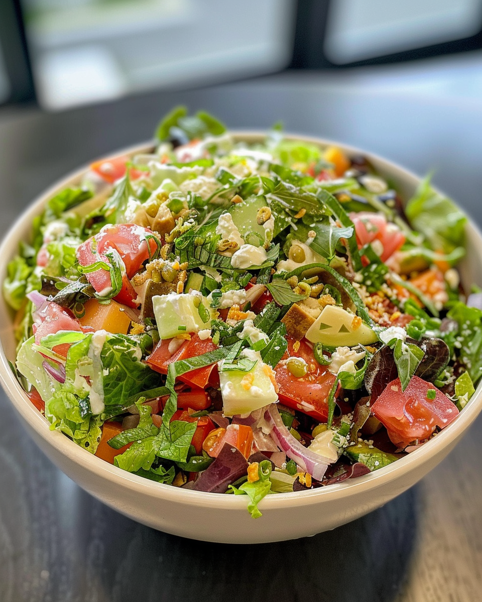Ingredients for cowboy salad including beans, corn, bacon, tomatoes, and cheese on a kitchen counter