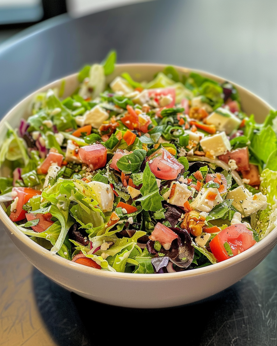 Finished cowboy salad served in a bowl with smoky BBQ dressing and fresh ingredients