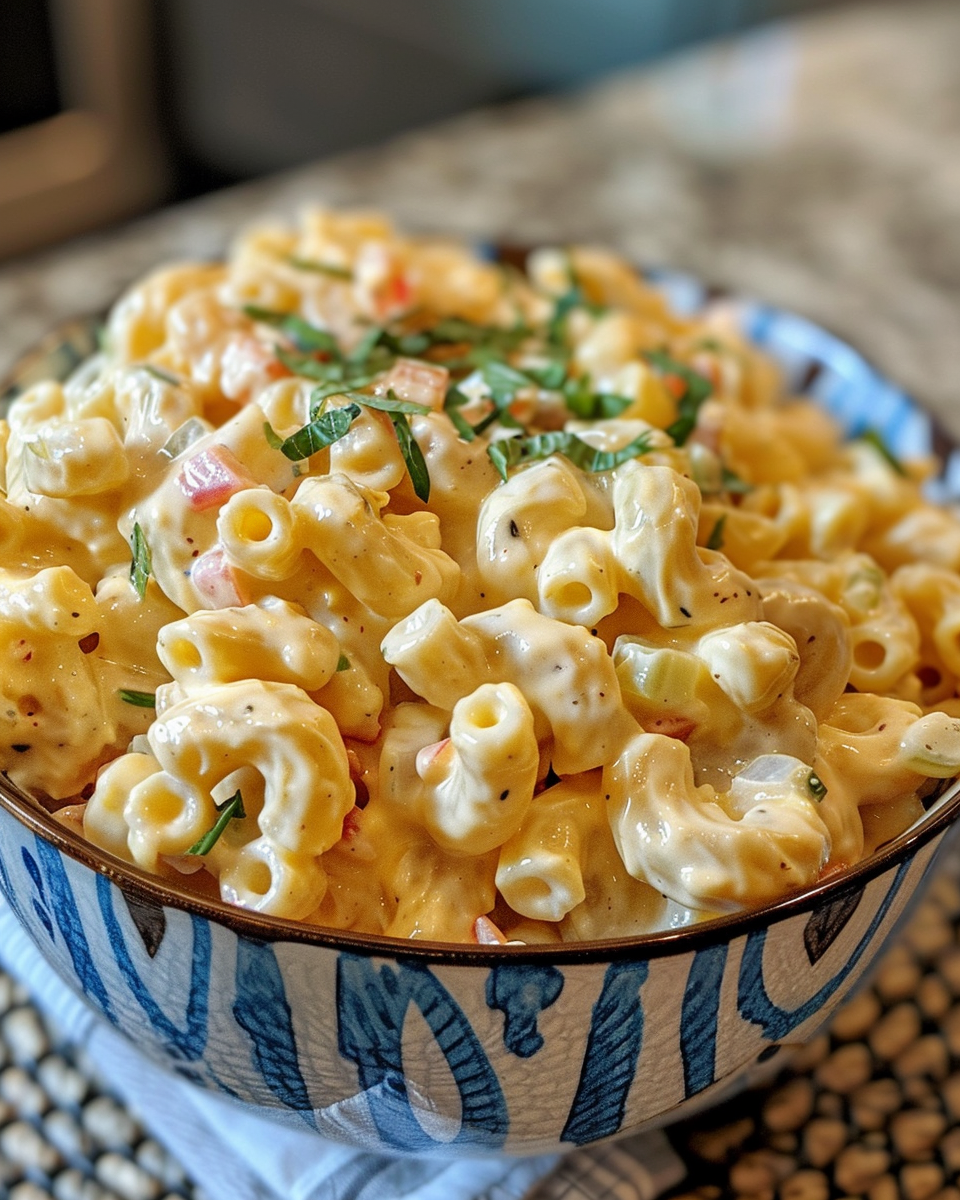 Ingredients laid out for creamy macaroni pasta salad with cheddar cheese and fresh veggies
