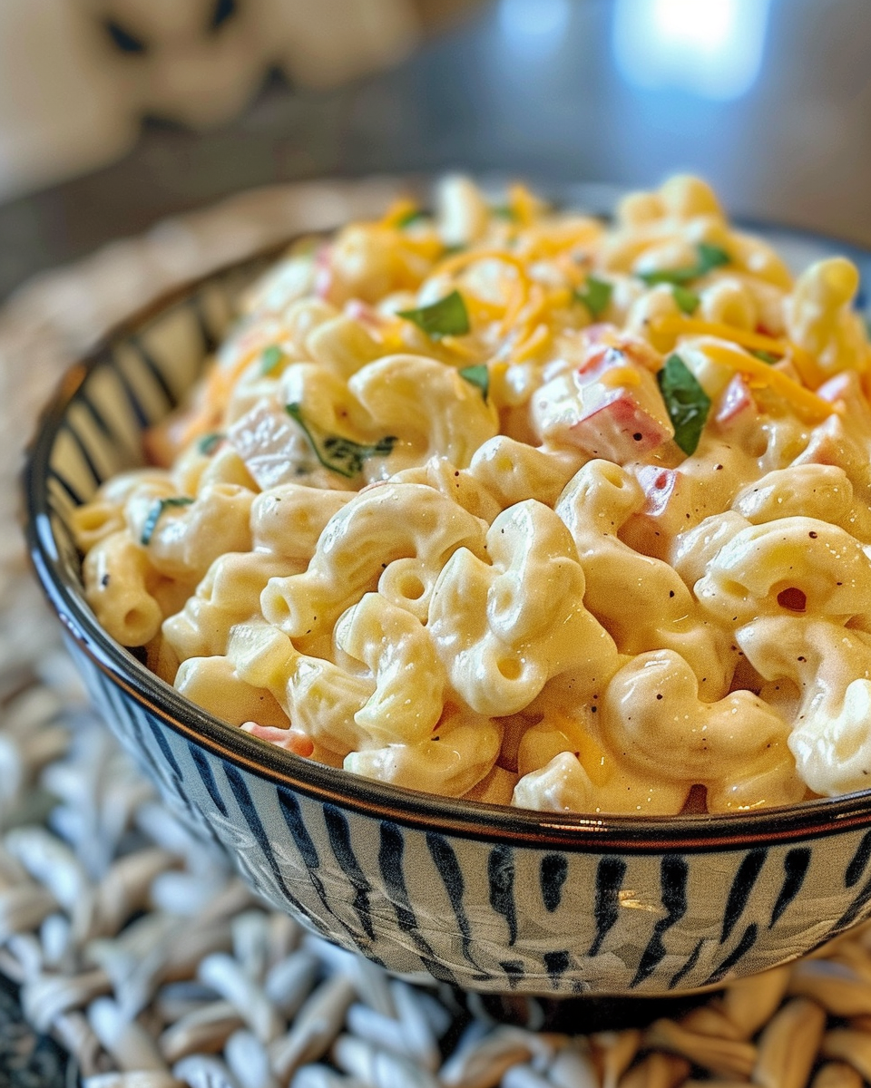 Creamy macaroni pasta salad mixed and chilled, ready for serving