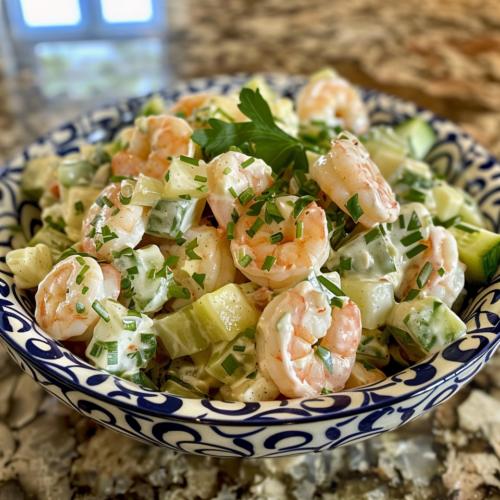 Creamy Shrimp & Cucumber Salad taken with iphone 15 pro max --iw 2 --ar 4:5 --v 6.0 --raw