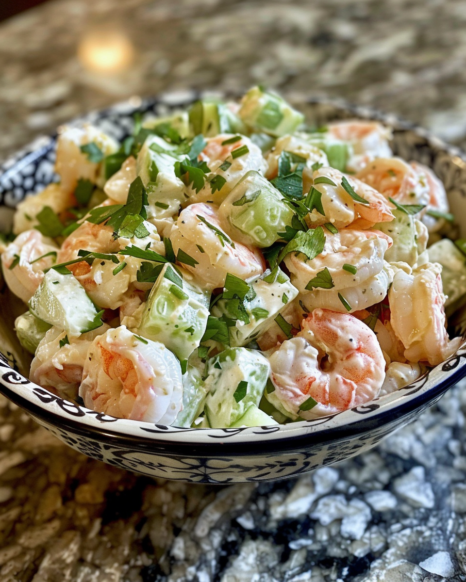 Ingredients for creamy shrimp cucumber salad in bowls