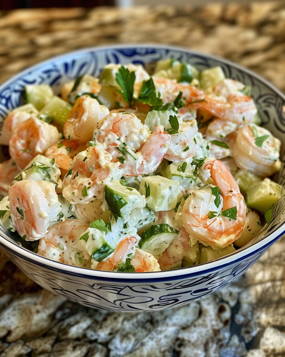 Close up of creamy shrimp cucumber salad plated