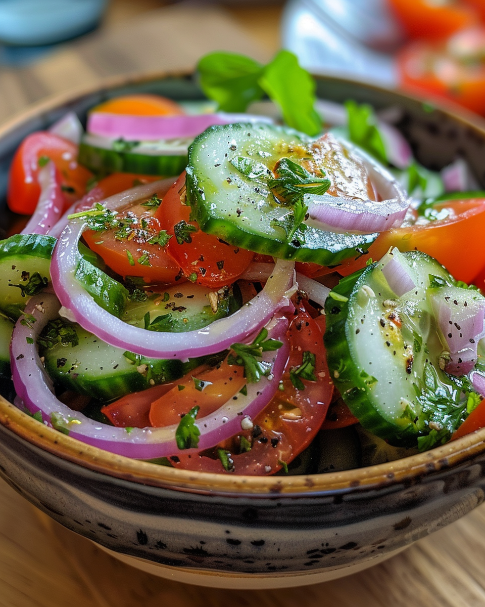 Ingredients for cucumber, tomato, and onion salad fresh sliced vegetables and seasonings