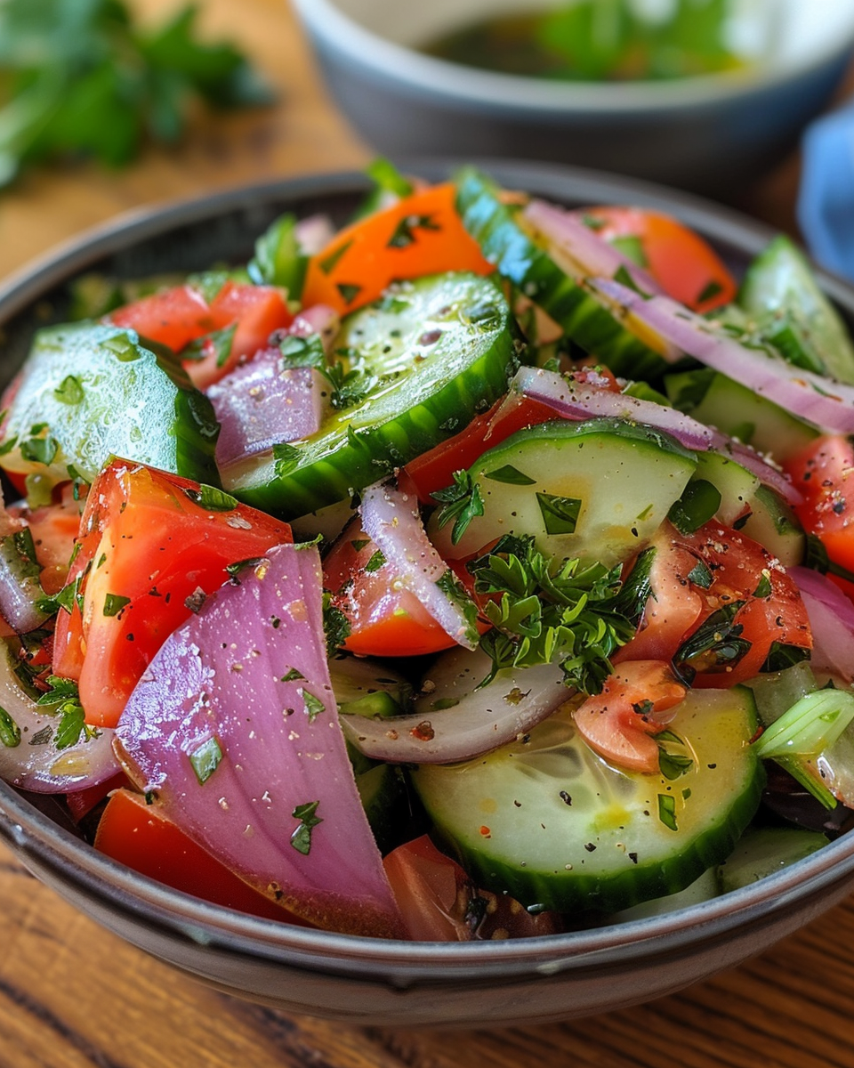 Finished cucumber tomato onion salad served fresh and vibrant in bowl
