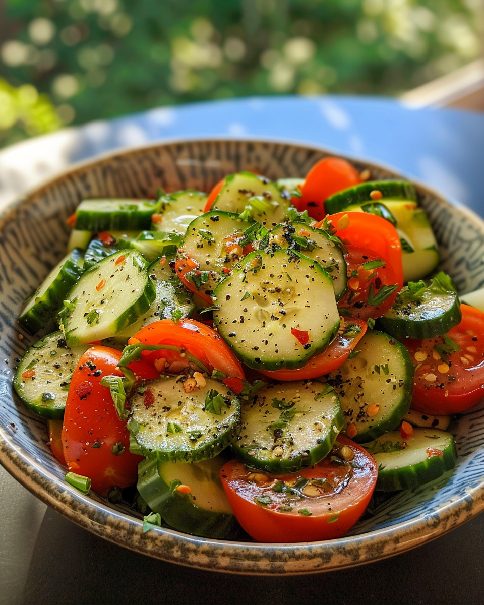 Fresh cucumber and tomato slices with vinegar and oil for salad dressing