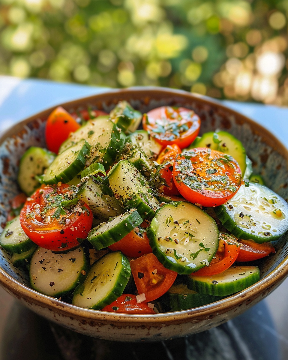Pouring homemade salad dressing over fresh chopped cucumbers and tomatoes in bowl