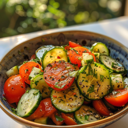 Cucumber & Tomato Salad taken with iphone 15 pro max --iw 2 --ar 4:5 --v 6.0 --raw