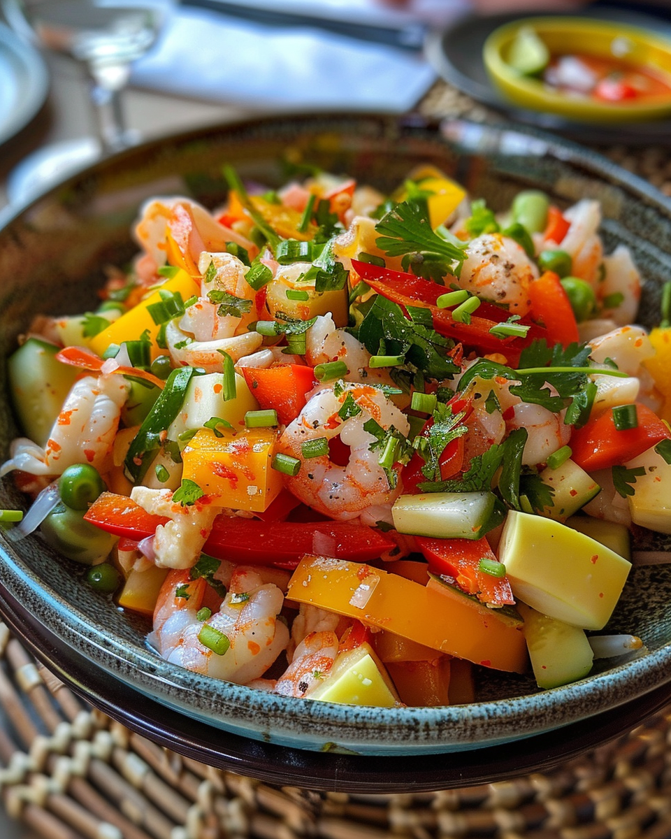 Serving bowl of finished Ensaladang Pipino salad with fresh herbs