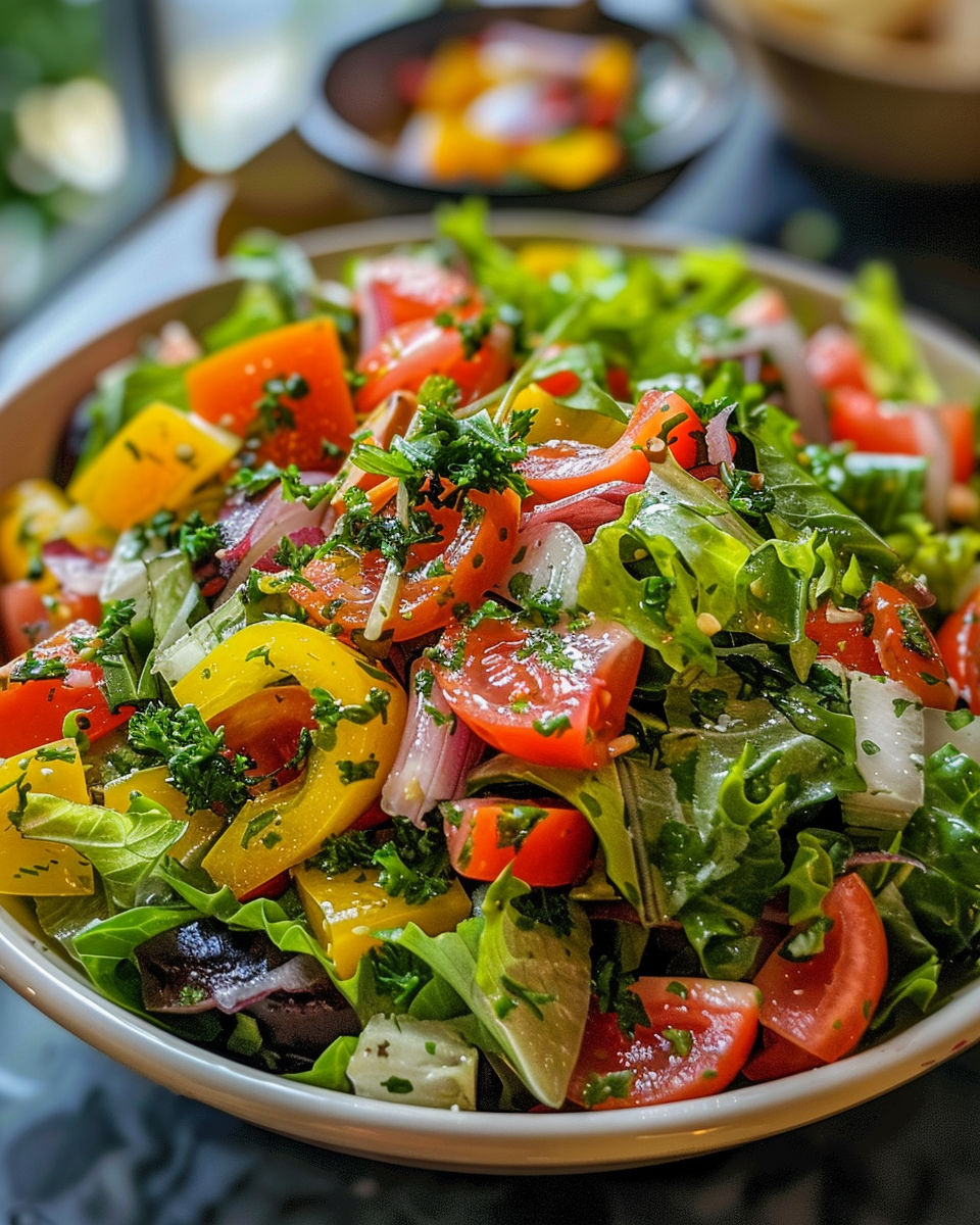 Chopped salad ingredients including lettuces, chickpeas, salami and shredded mozzarella