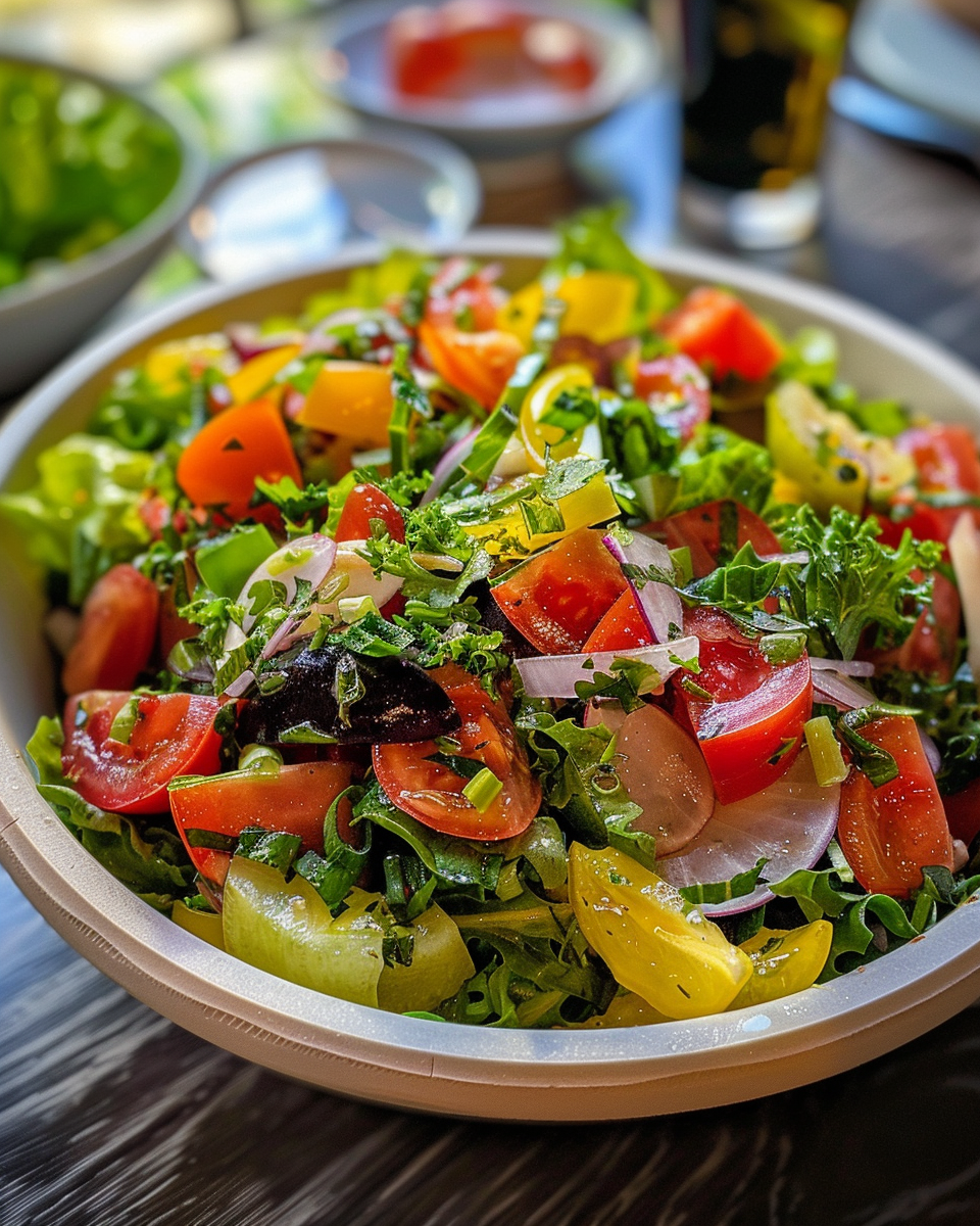 Final chopped salad ready to serve with melted cheeses and colorful toppings