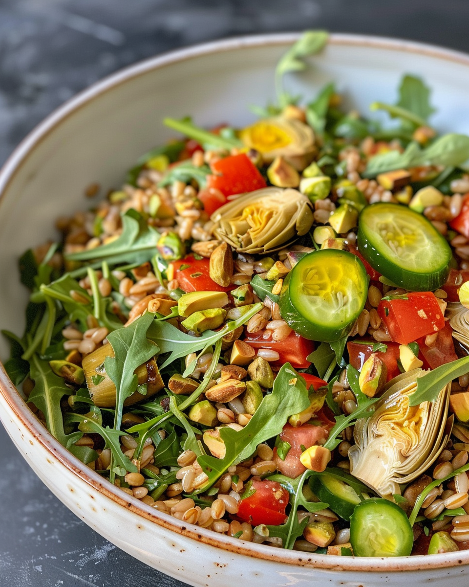 Ingredients for farro salad including arugula, artichokes, pistachios, olive oil, and lemon juice