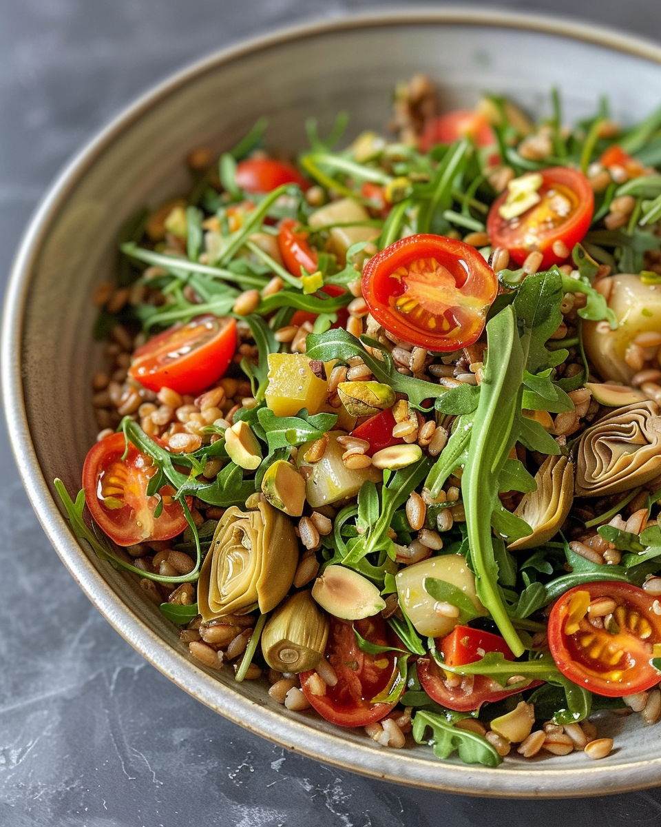 Finished farro salad served and ready to eat