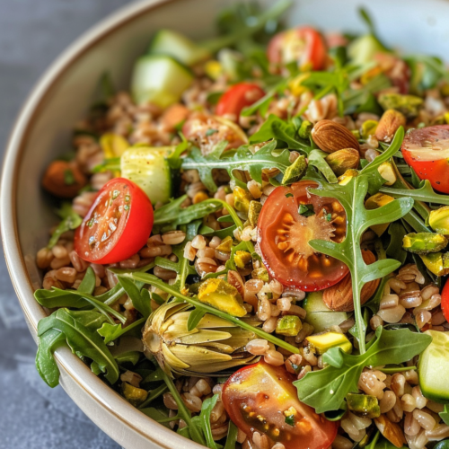 Farro Salad With Arugula Artichokes & Pistachios taken with iphone 15 pro max --iw 2 --ar 4:5 --v 6.0 --raw