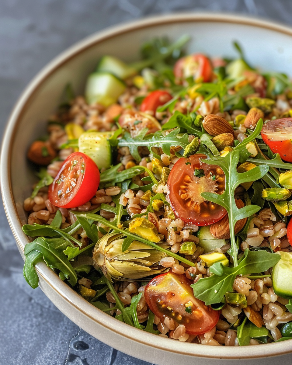A bowl of farro salad with arugula, artichokes, and pistachios freshly prepared