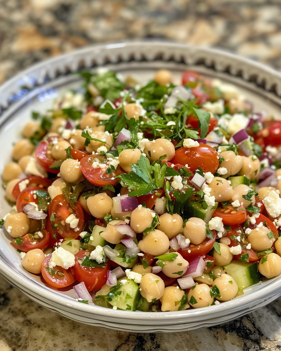 Ingredients for feta garbanzo bean salad including olive oil, lemon, agave, herbs, and fresh vegetables