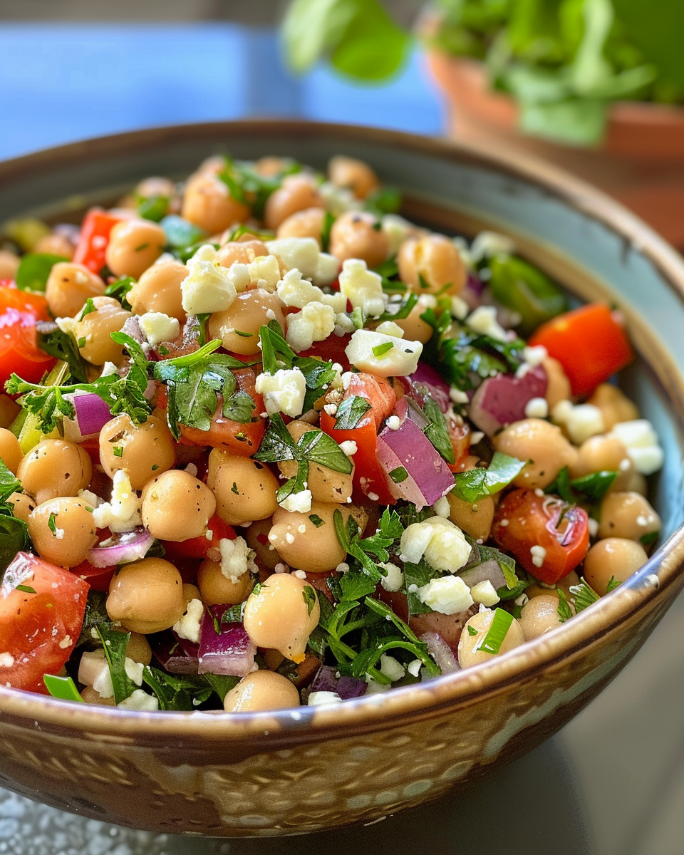 Ingredients for feta garbanzo bean salad including fresh vegetables and herbs