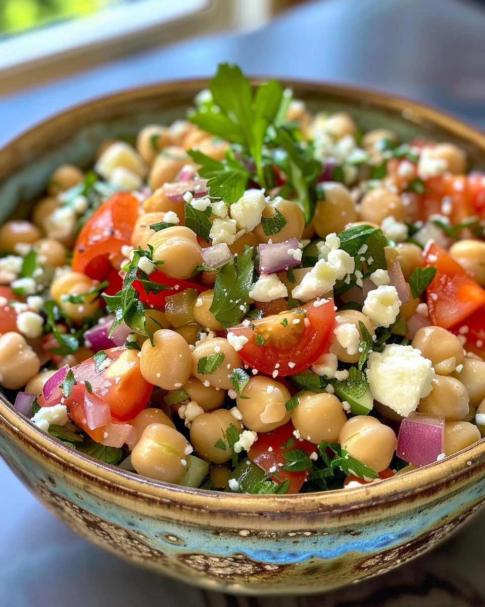 Finished feta garbanzo bean salad served and ready to eat