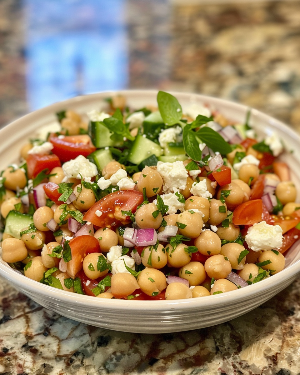 Feta Garbanzo Bean Salad taken with iphone 15 pro max --iw 2 --ar 4:5 --v 6.0 --raw