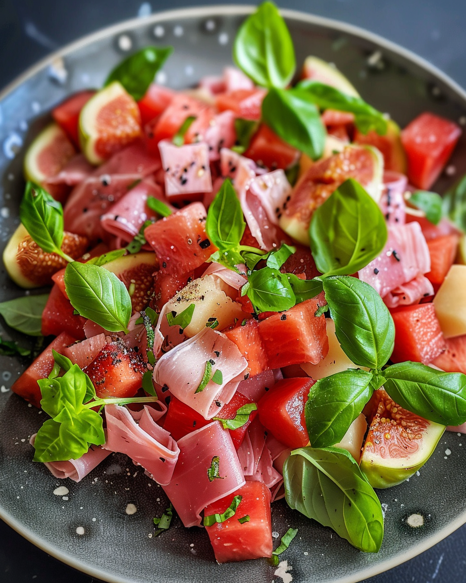Ingredients of fig, melon, Spanish ham salad with fresh basil
