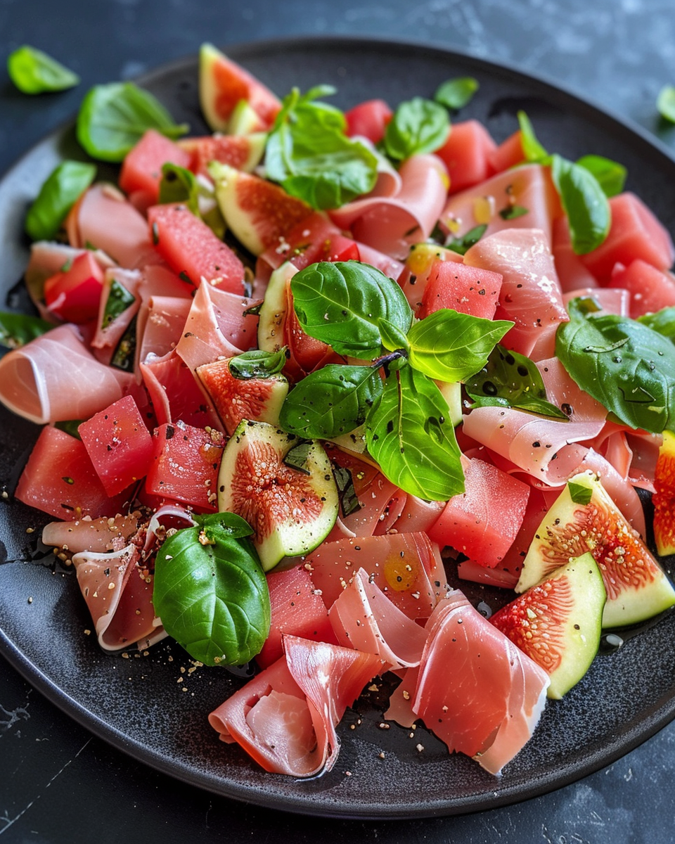 Finished fig, melon, and Spanish ham salad with basil served fresh