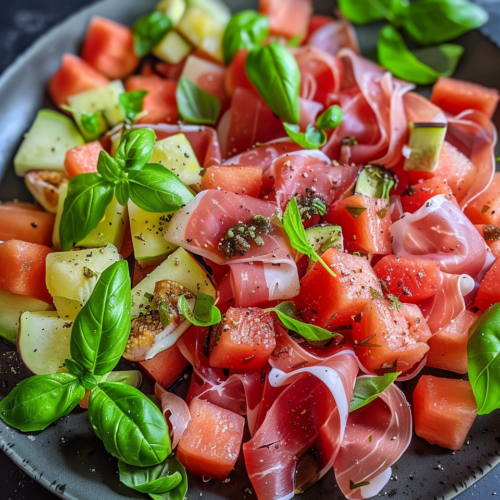 Fig Melon And Spanish Ham Salad With Basil taken with iphone 15 pro max --iw 2 --ar 4:5 --v 6.0 --raw