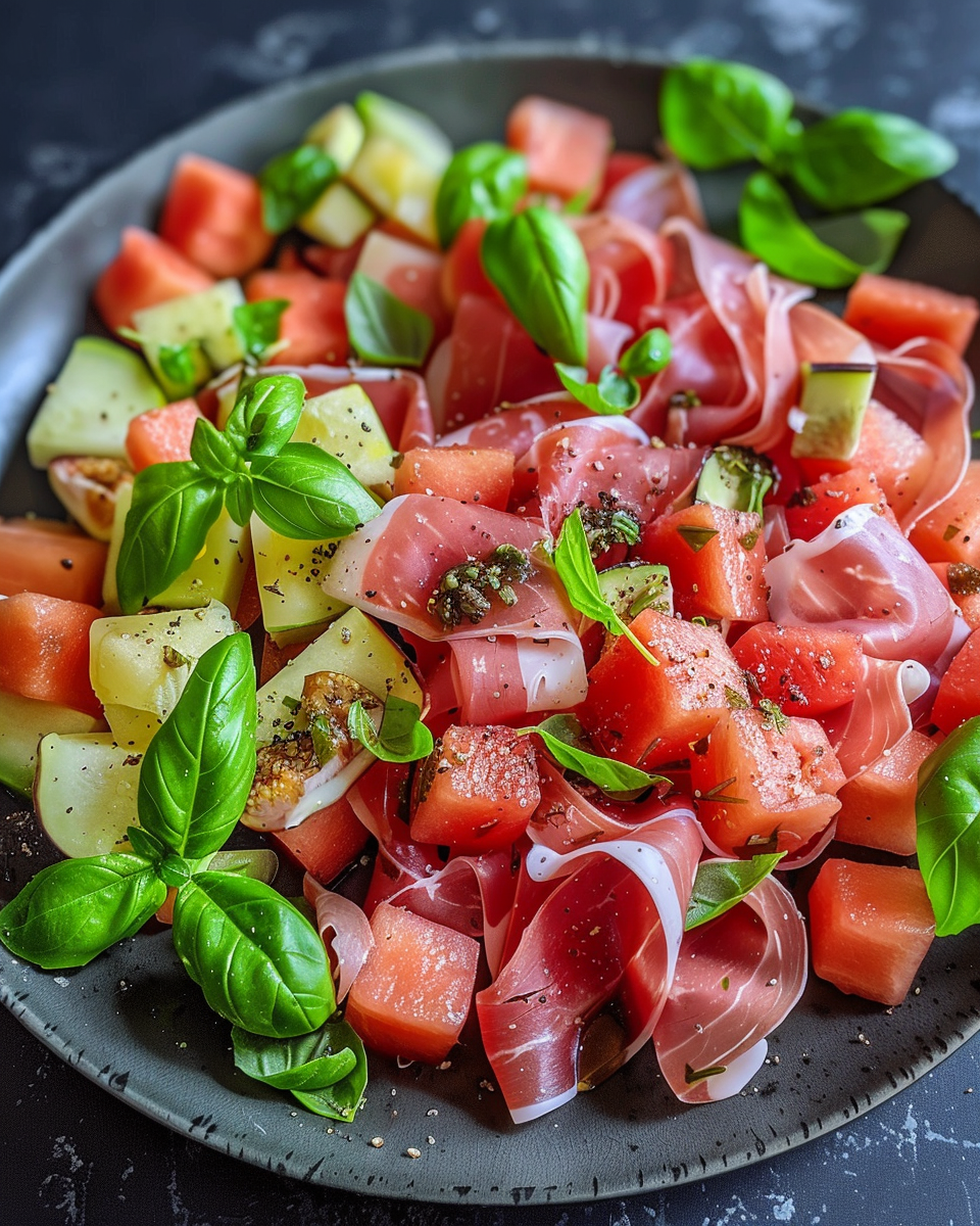 Fig, melon, and Spanish ham salad with fresh basil leaves
