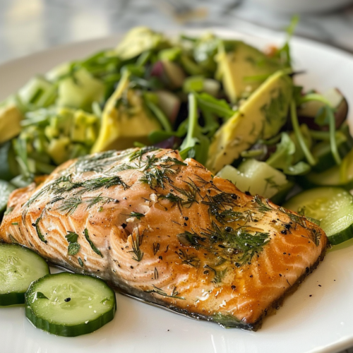 Ginger-Dill Salmon With Cucumber & Avocado Salad taken with iphone 15 pro max --iw 2 --ar 4:5 --v 6.0 --raw