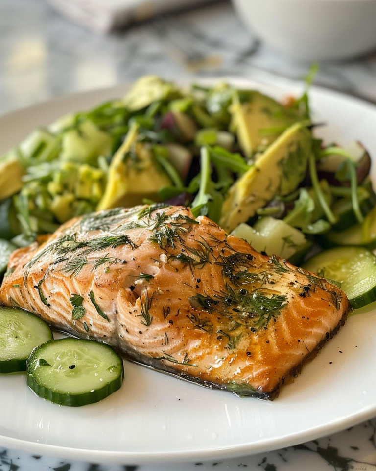 Ginger-Dill Salmon With Cucumber & Avocado Salad taken with iphone 15 pro max --iw 2 --ar 4:5 --v 6.0 --raw