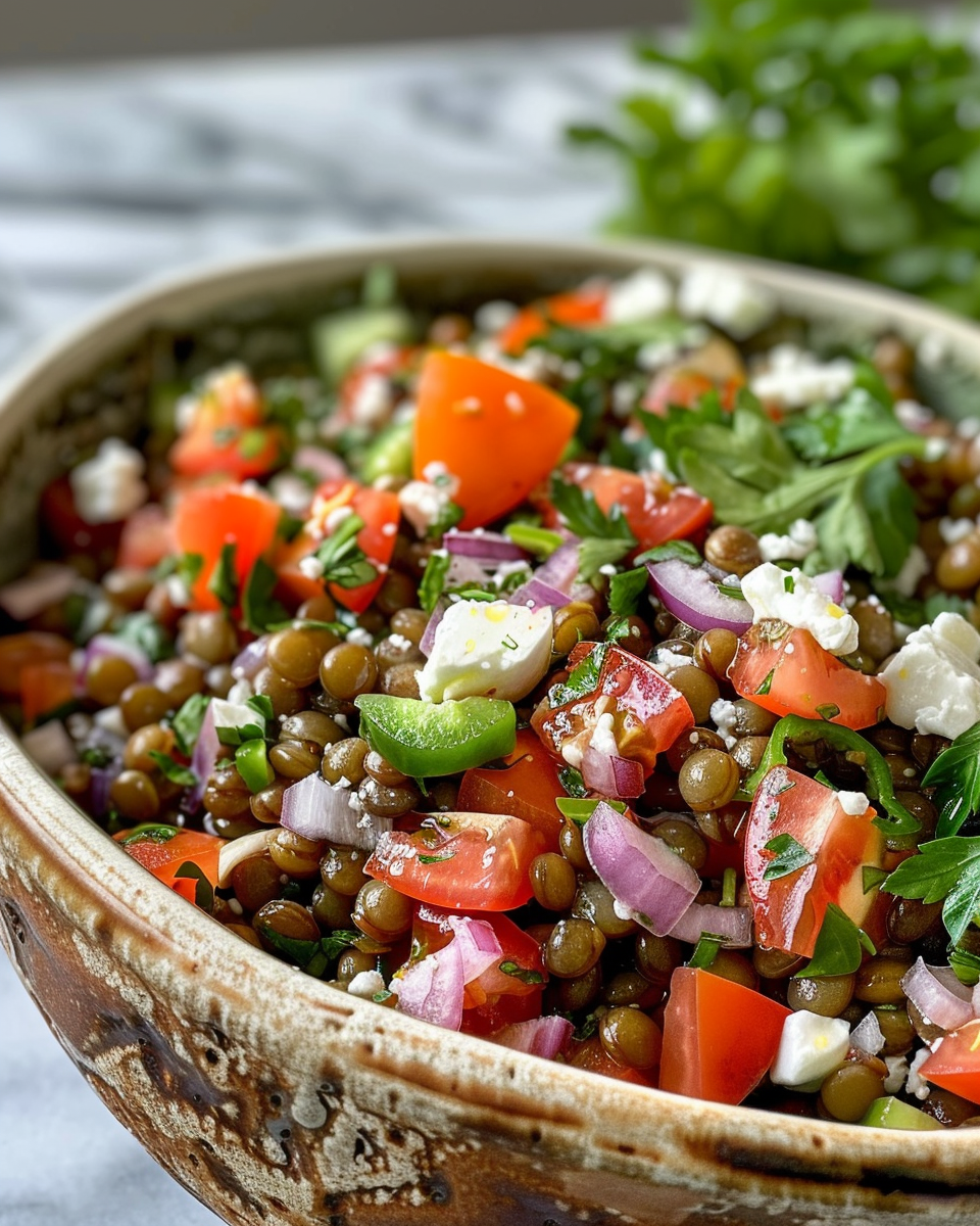 Ingredients for Greek lentil salad including lentils, cucumber, tomatoes, feta, and parsley