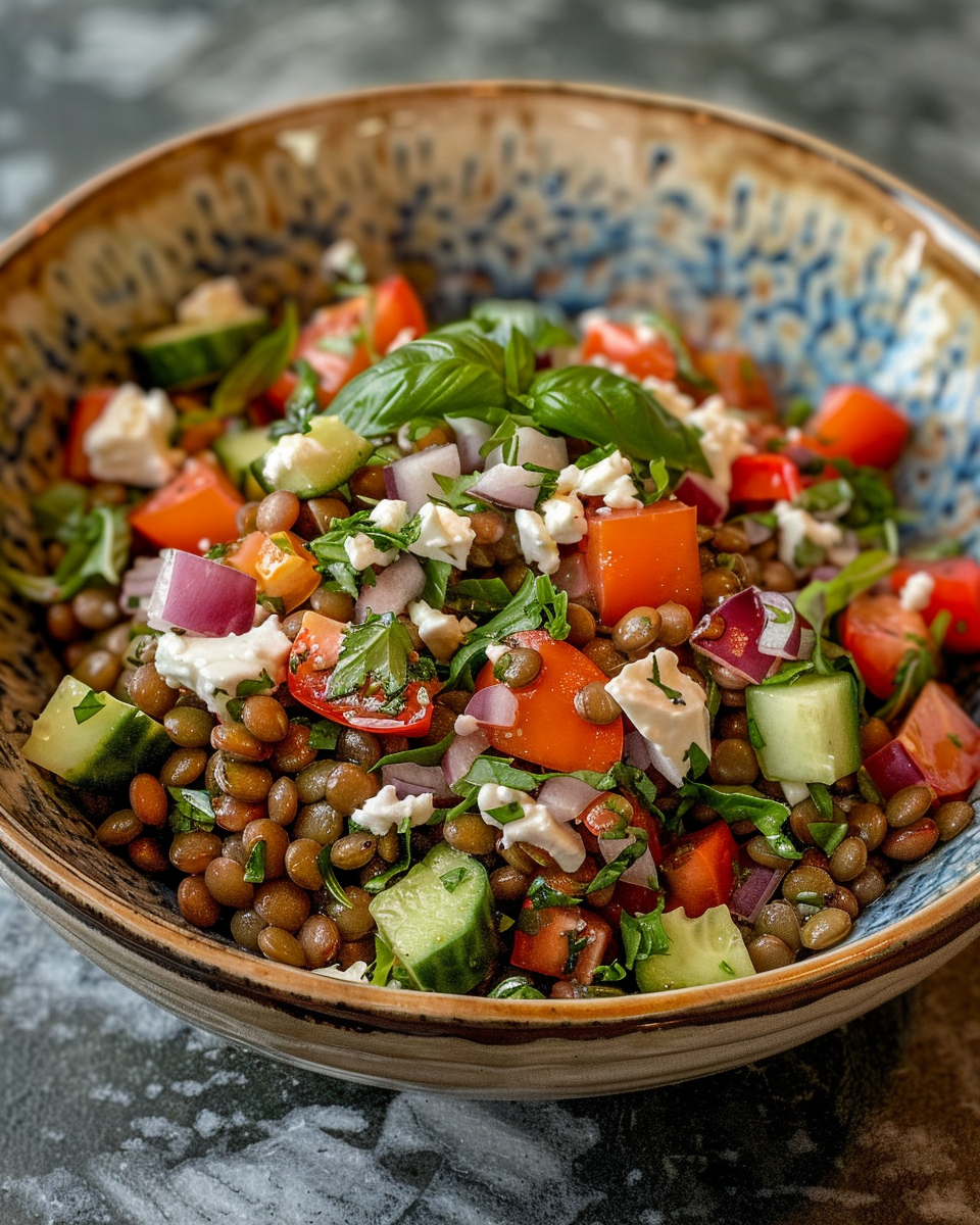 Ingredients of Greek lentil salad including lentils, cucumber, tomatoes, feta, and parsley