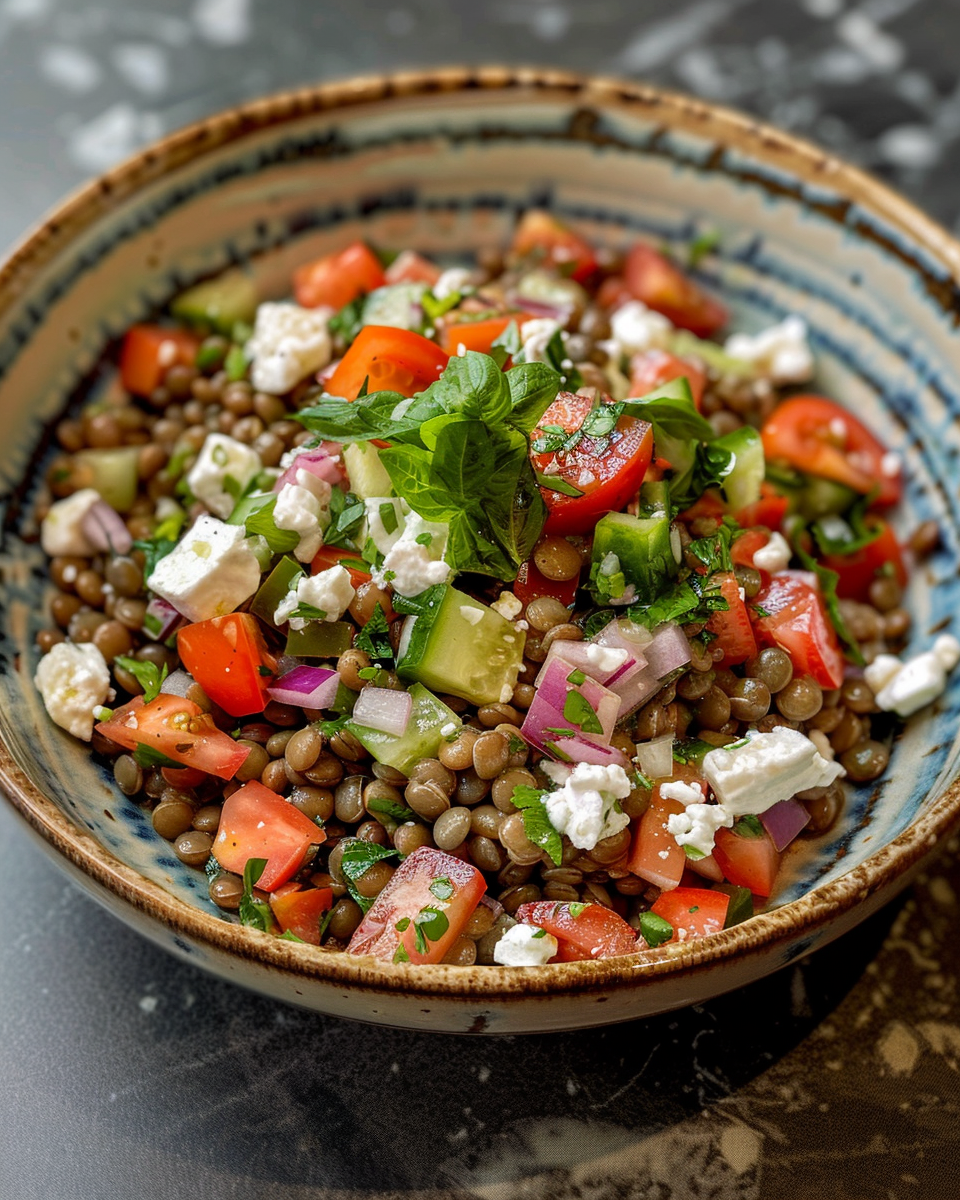 Finished Greek lentil salad served fresh in bowl
