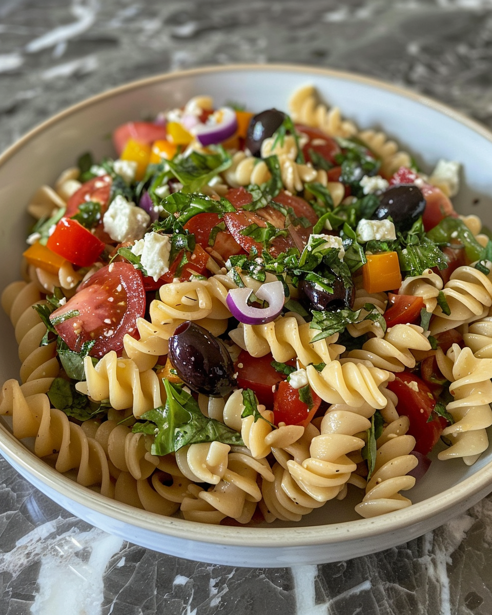 Ingredients for Greek pasta salad including olive oil and red wine vinegar