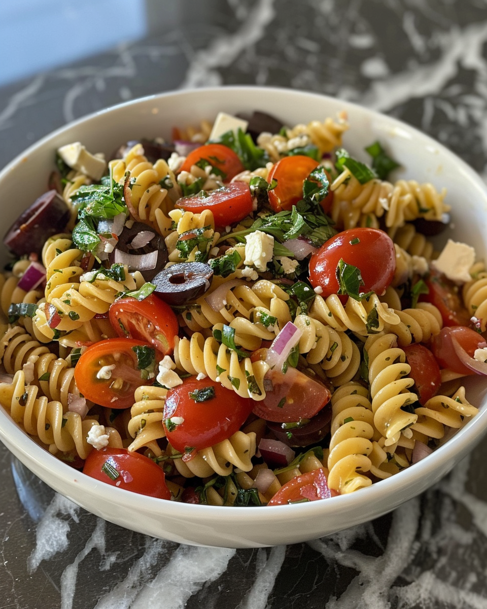 Finished Greek pasta salad served with vinaigrette
