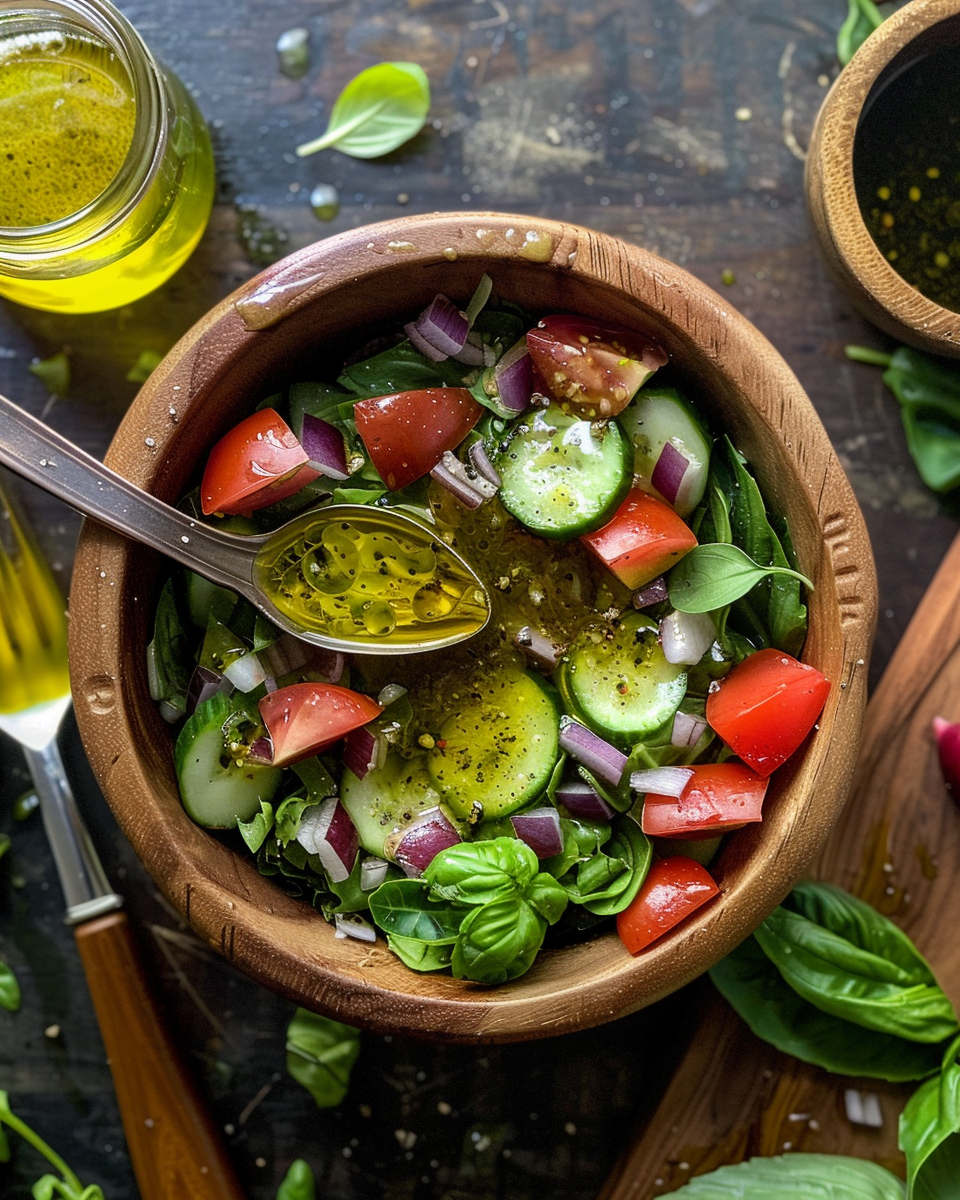 Ingredients for Greek salad dressing including olive oil, vinegar, and spices
