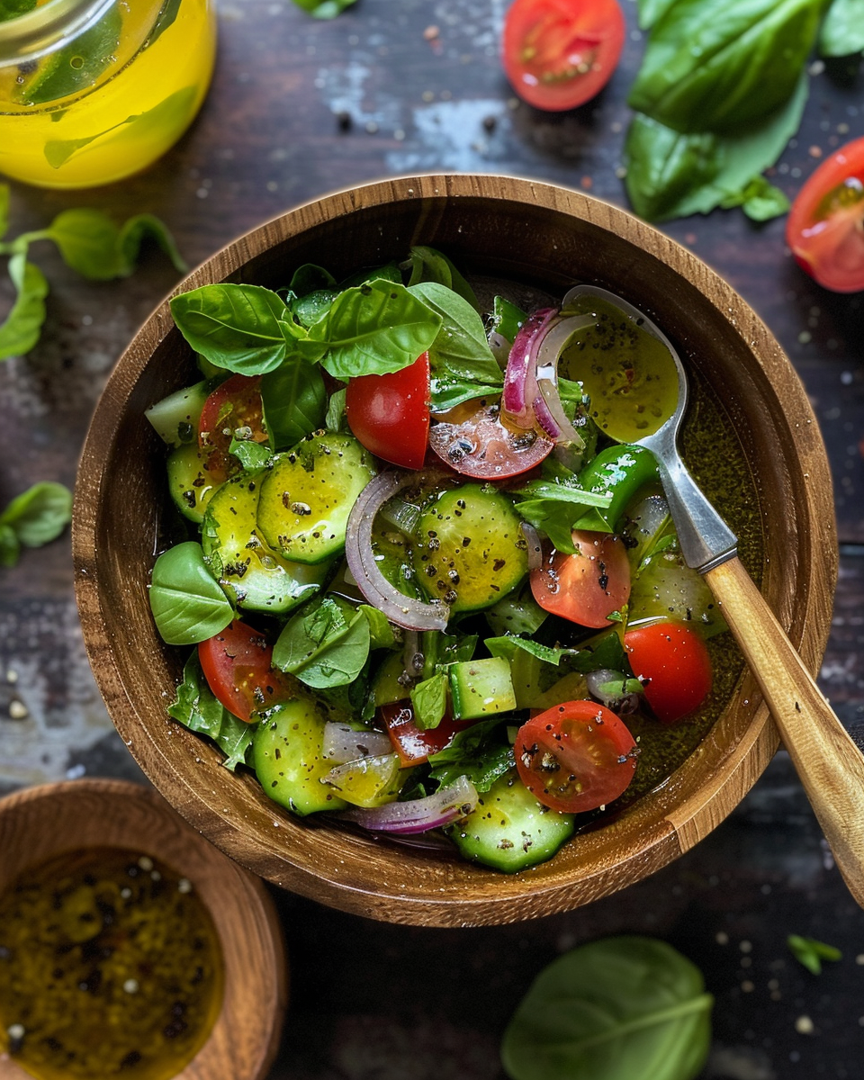 Finished Greek salad with dressing served fresh and ready to eat
