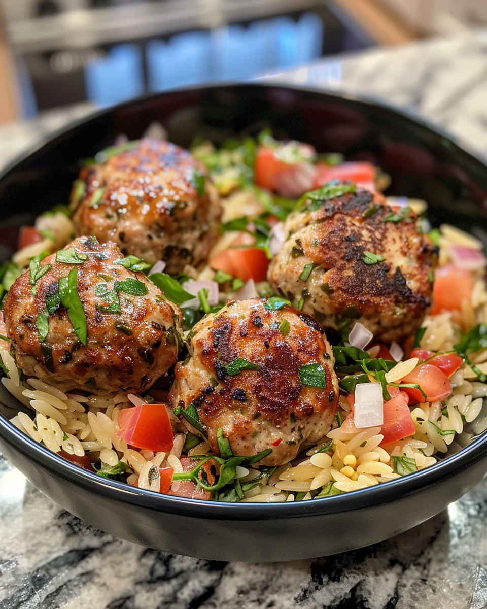 Ingredients for Greek turkey meatballs including feta, herbs, and spices