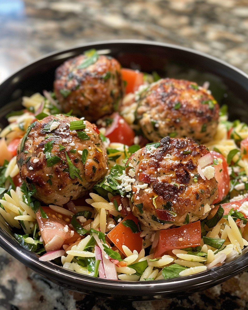Final served Greek turkey meatball and orzo bowl with toppings and pita bread