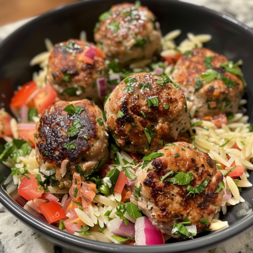 Greek Turkey Meatballs With Orzo Salad taken with iphone 15 pro max --iw 2 --ar 4:5 --v 6.0 --raw
