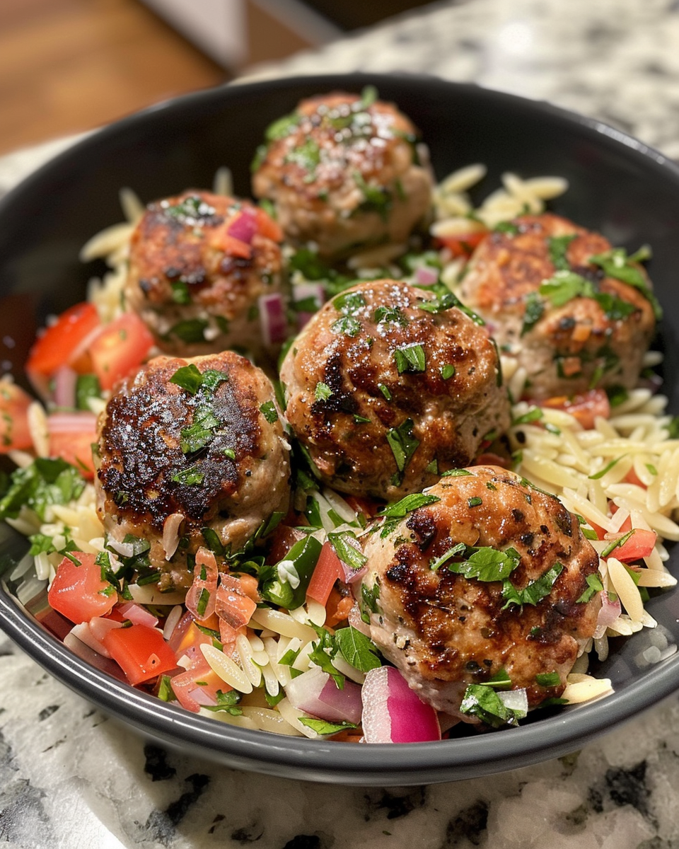 Steamy pressure cooker release with turkey meatballs and orzo dish in pot