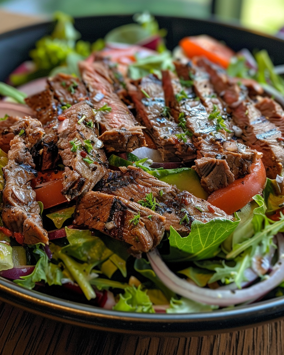 Ingredients for grilled steak salad arranged on kitchen table