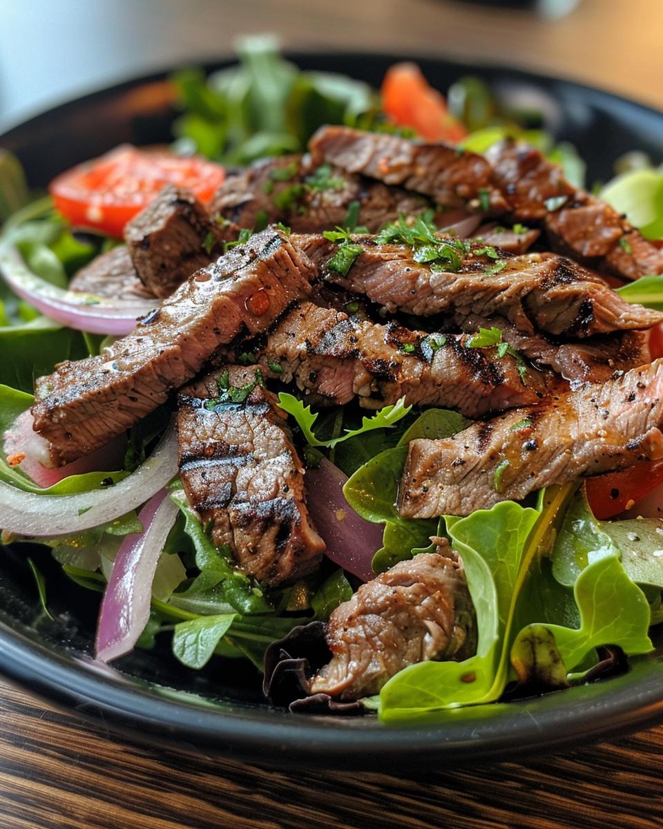 Sliced grilled steak served over fresh greens with dressing