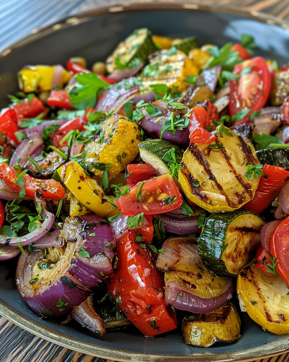 Ingredients of grilled vegetables prepared for salad with lemon basil vinaigrette