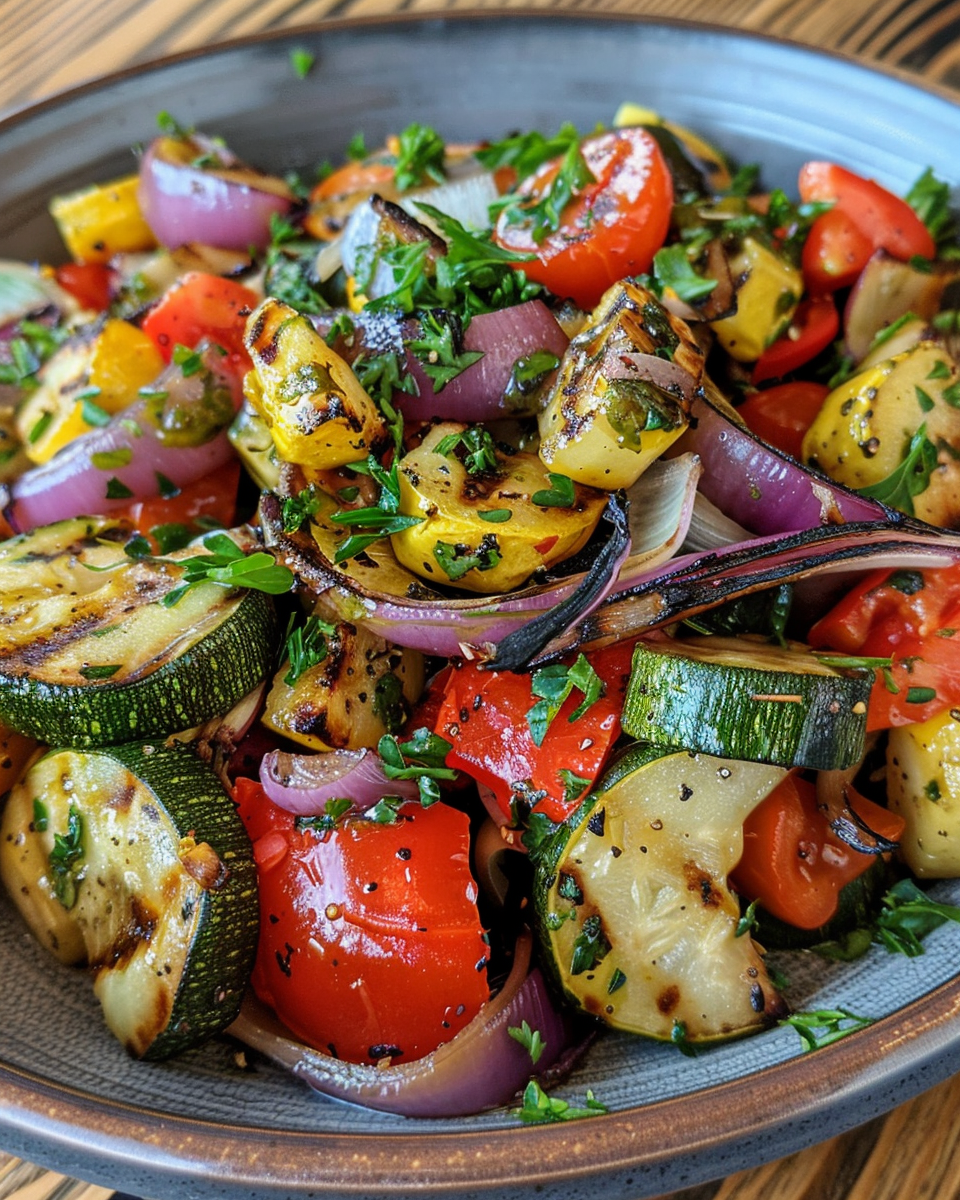 Served grilled vegetable salad with lemon basil vinaigrette and feta cheese
