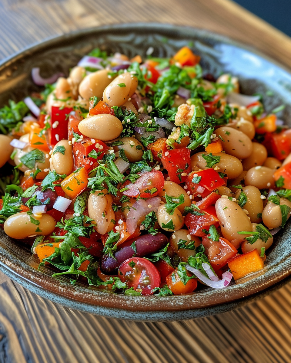 Ingredients laid out for fresh bean salad including beans, vegetables, meats and cheese