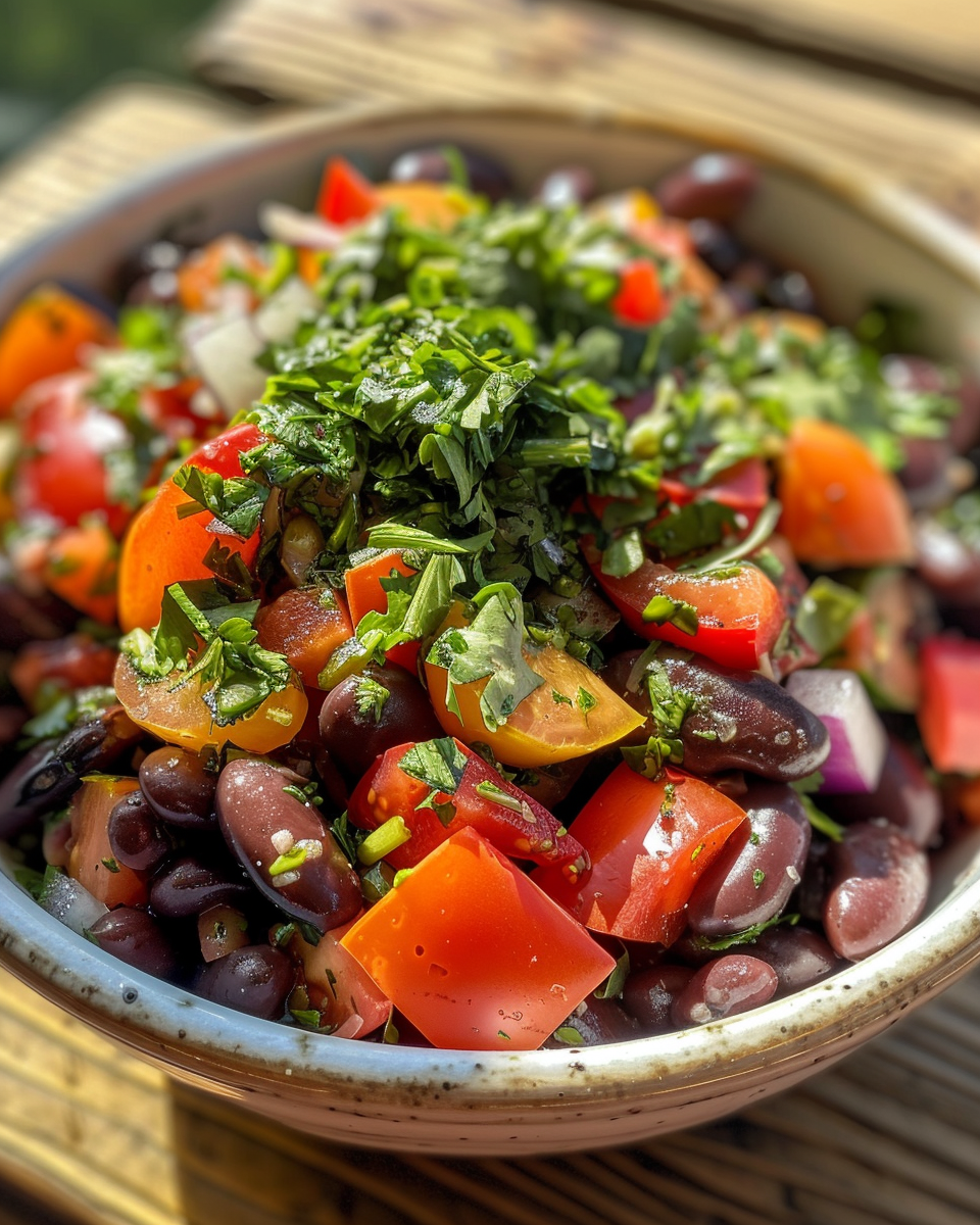 Finished grilled bean salad served fresh in bowl garnished with herbs