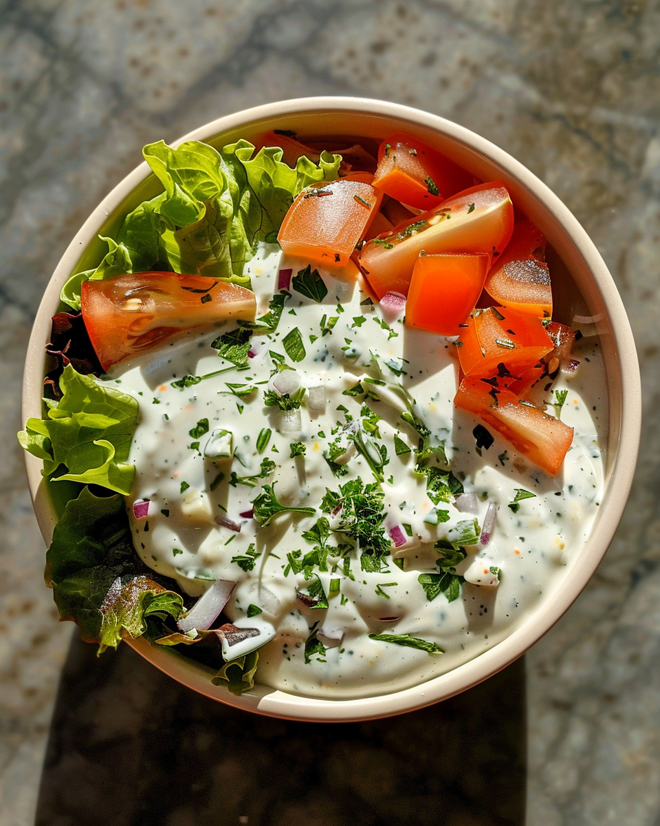 Finished creamy ranch dressing served in a bowl