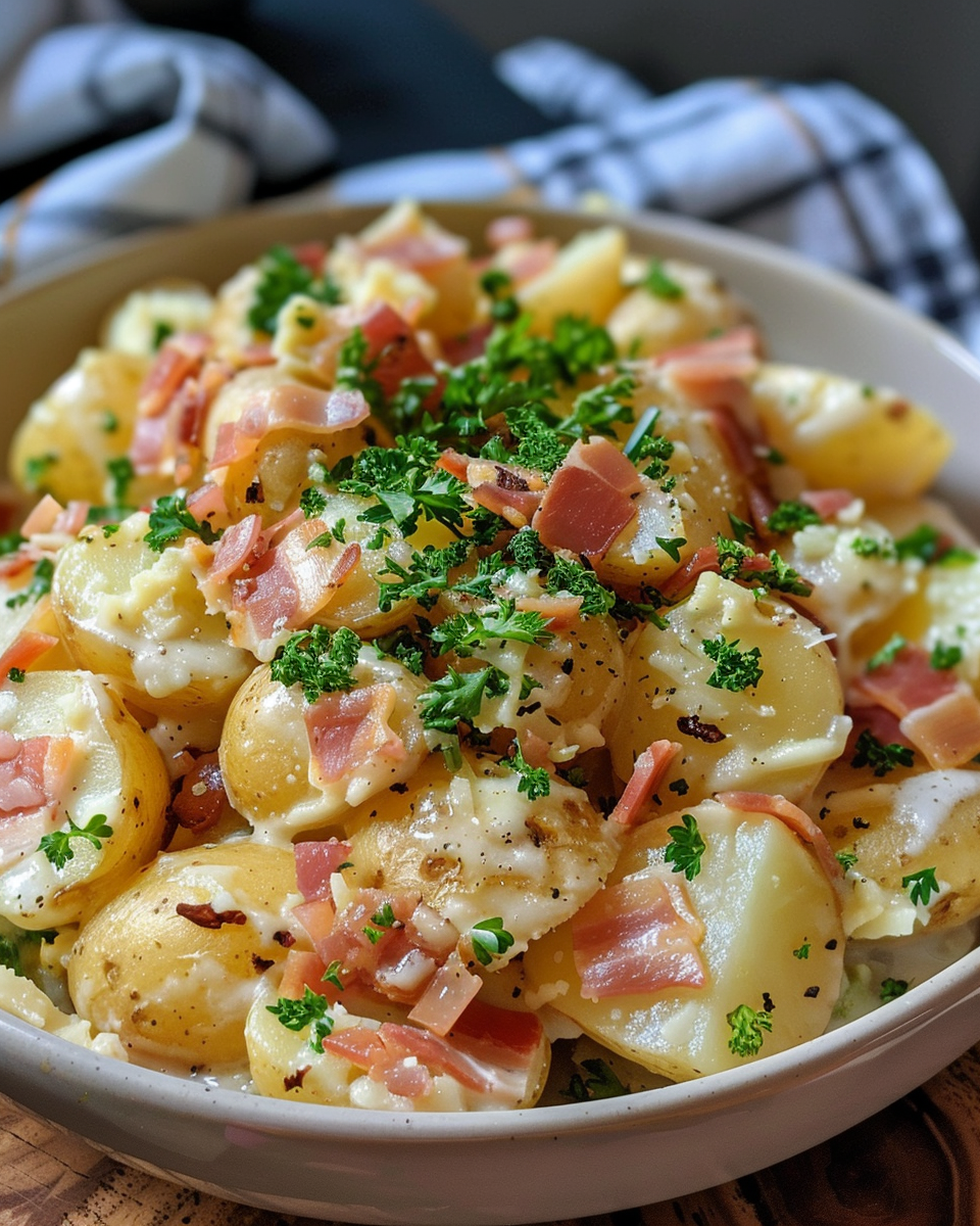 Ingredients for hot German potato salad including potatoes, bacon, onions